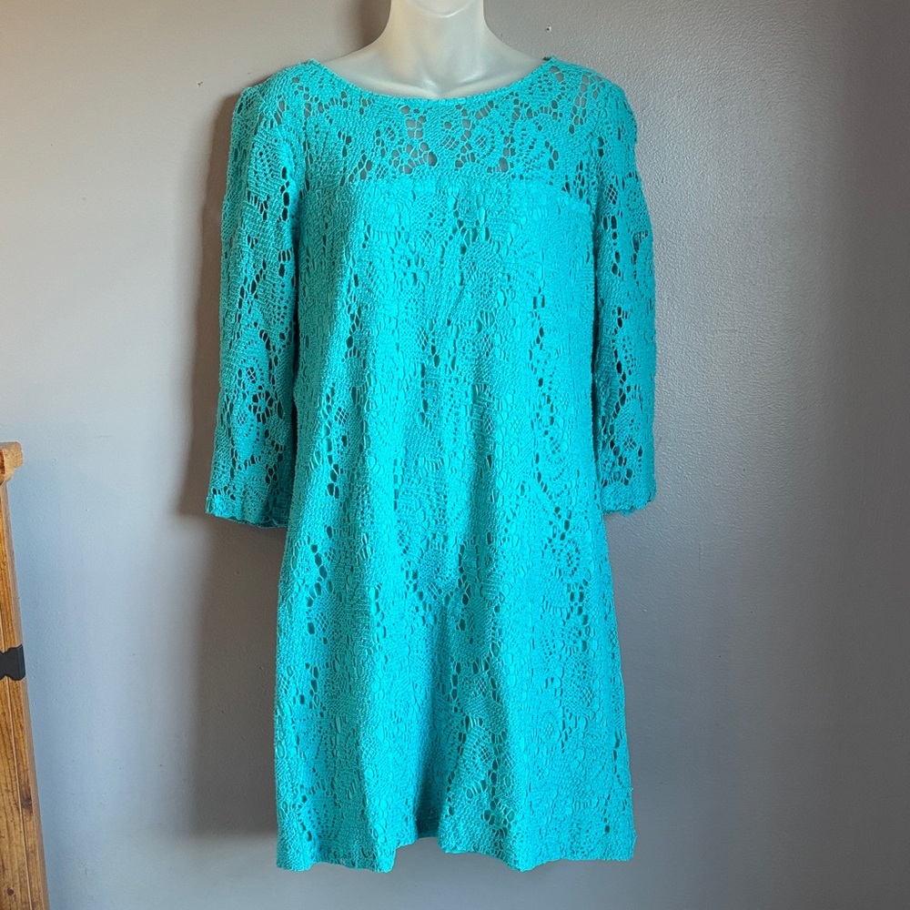 Trina Turk teal blue 3/4 sleeve lace dress * sz 12